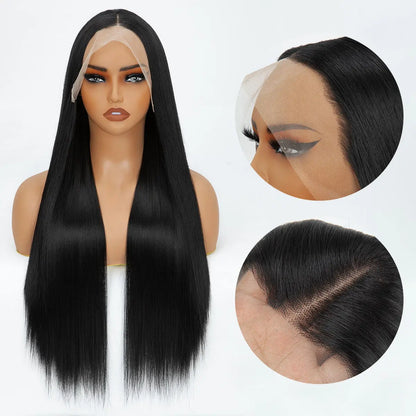 FX-HA07 Premium Blend Hair Wig Long Straight Black High Quality Invisible Transparent 13*4 Lace Frontal Wig Lace Front Wigs