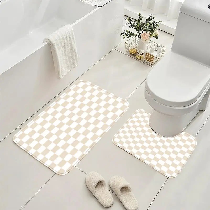 4-Piece Checkered Gingham Retro Waterproof Shower Curtain Set Non-Slip Bath Rug 12 Hooks Soft Fabric for Bathroom Use