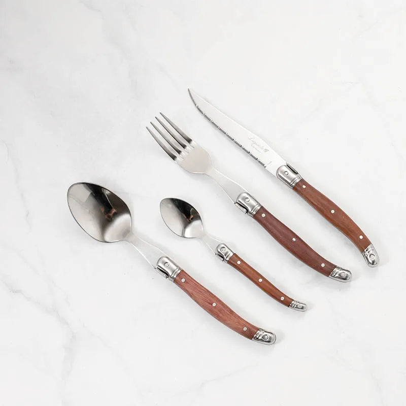 24pcs Laguiole Cutlery set Luxury Rose Wood Handle Dinnerware Stainless steel Tableware 6 Steak Knife 6 Fork 6 Spoon 6 Teaspoon