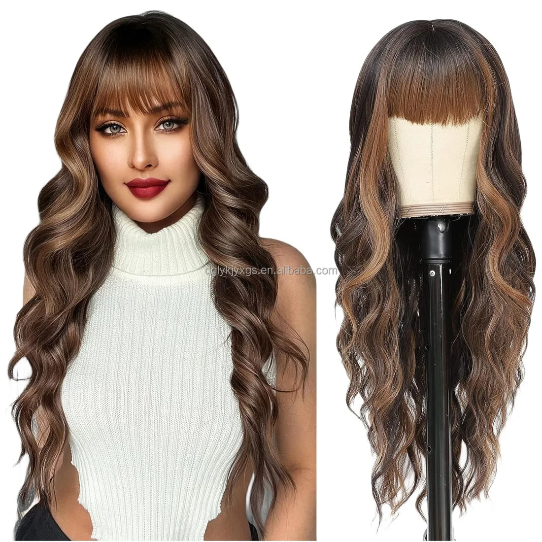 26" Brown Blonde Wavy Synthetic Wig with Bangs