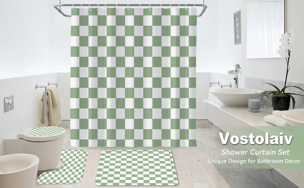 4-Piece Checkered Gingham Retro Shower Curtain Set Non-Slip Bath Rug U-Shaped Mat 12 Hooks Waterproof Fabric Green