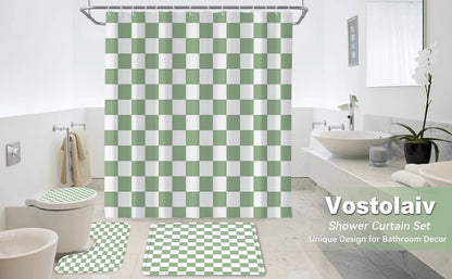 4-Piece Checkered Gingham Retro Shower Curtain Set Non-Slip Bath Rug U-Shaped Mat 12 Hooks Waterproof Fabric Green