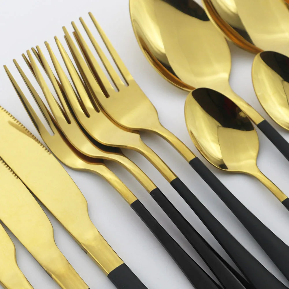 Blue Dinnerware Stainless Steel Tableware Fork Spoon Knife Dinner Set Kitchen Black Cutlery Set Silverware 16Pcs