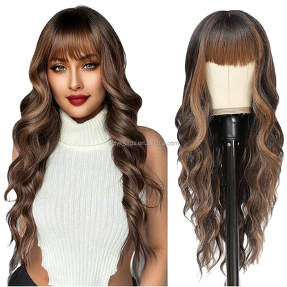 Hot Sales 26Inch Brown Mixed Blonde Wigs with Bangs for Women Wavy Curly Hair Heat Resistant Synthetic Fiber Wigs Women Hair