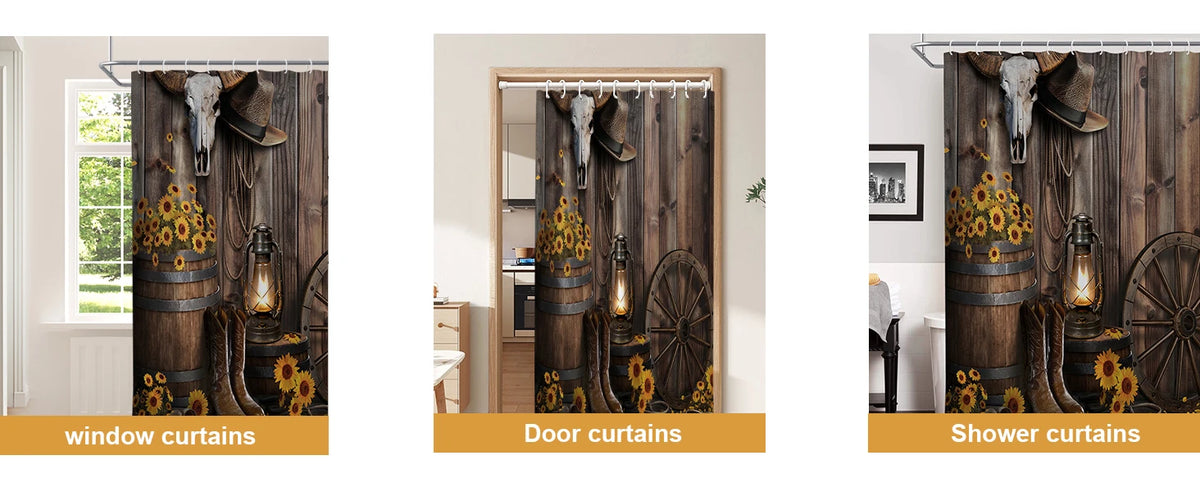 4-Piece Brown Cowboy Rustic Western Farmhouse Shower Curtain Set Non-Slip Rugs Washable Polyester Fabric Sunflower Barn