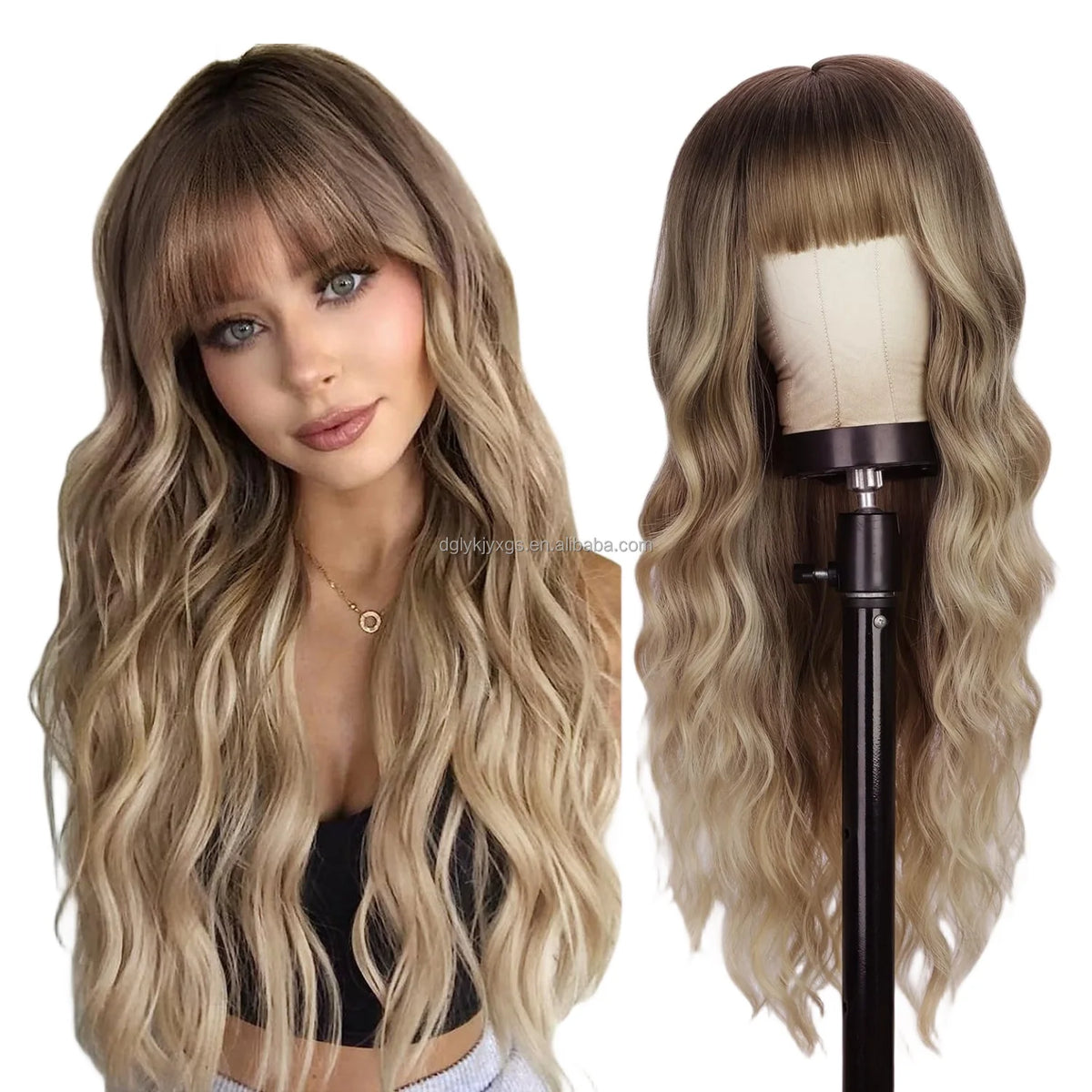26" Brown Blonde Wavy Synthetic Wig with Bangs