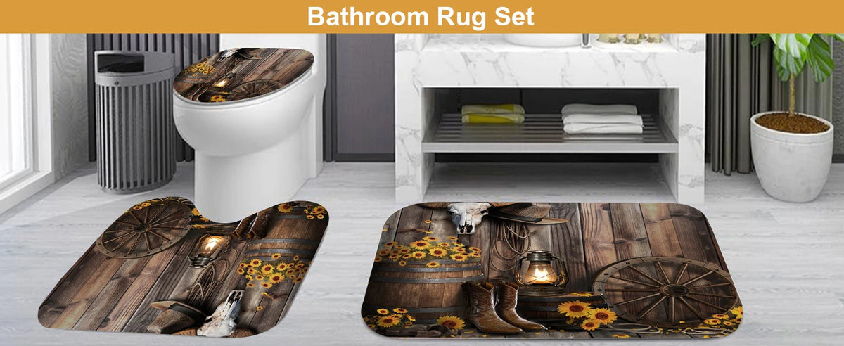 4-Piece Brown Cowboy Rustic Western Farmhouse Shower Curtain Set Non-Slip Rugs Washable Polyester Fabric Sunflower Barn