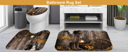 4-Piece Brown Cowboy Rustic Western Farmhouse Shower Curtain Set Non-Slip Rugs Washable Polyester Fabric Sunflower Barn