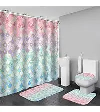 4-Piece Sunlight Sea Fish Ocean Theme Bathroom Set with Rugs Shower Curtain 12 Hooks-Machine-Washable Blackout Polyester