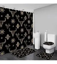 4-Piece Brown Cowboy Rustic Western Farmhouse Shower Curtain Set Non-Slip Rugs Washable Polyester Fabric Sunflower Barn