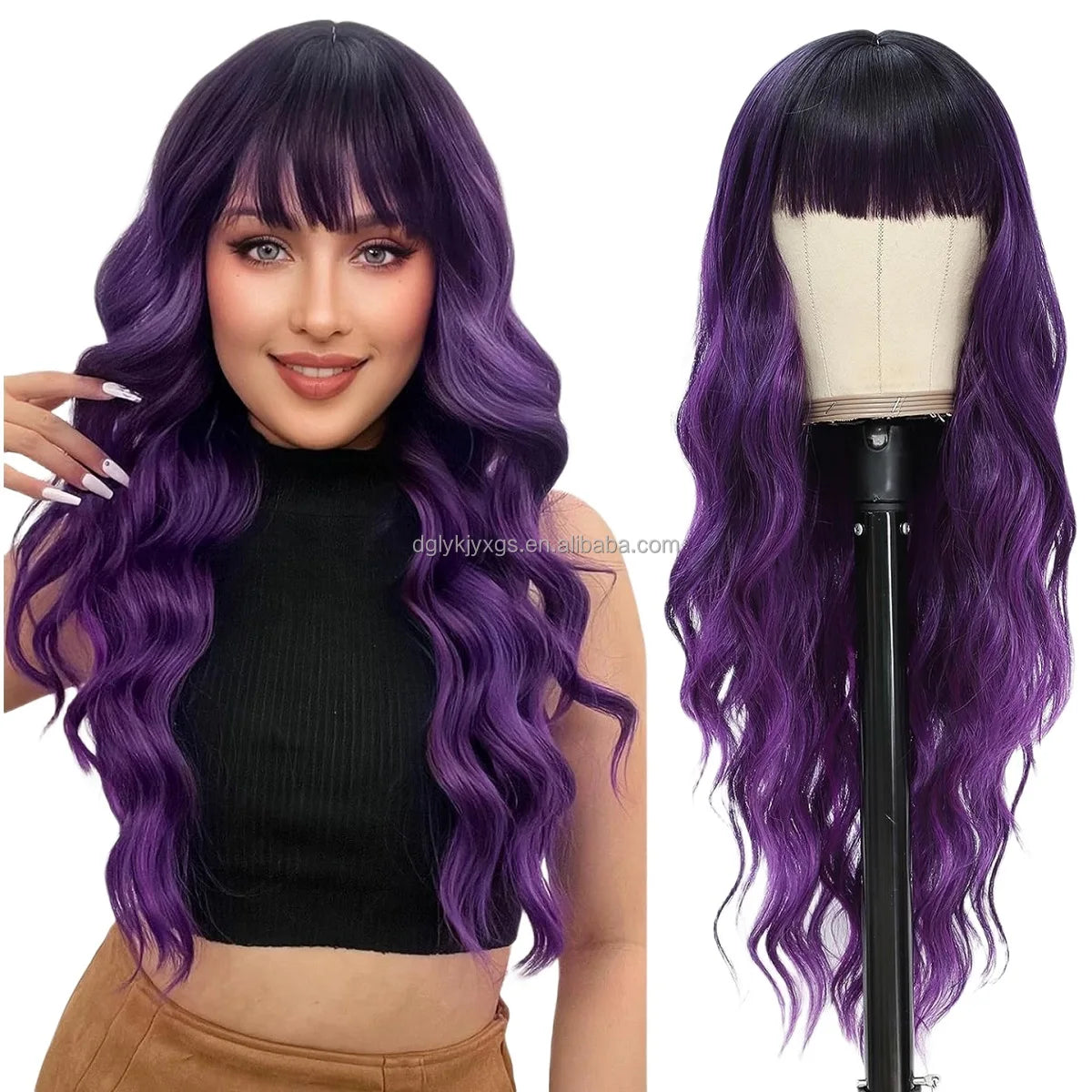26" Brown Blonde Wavy Synthetic Wig with Bangs