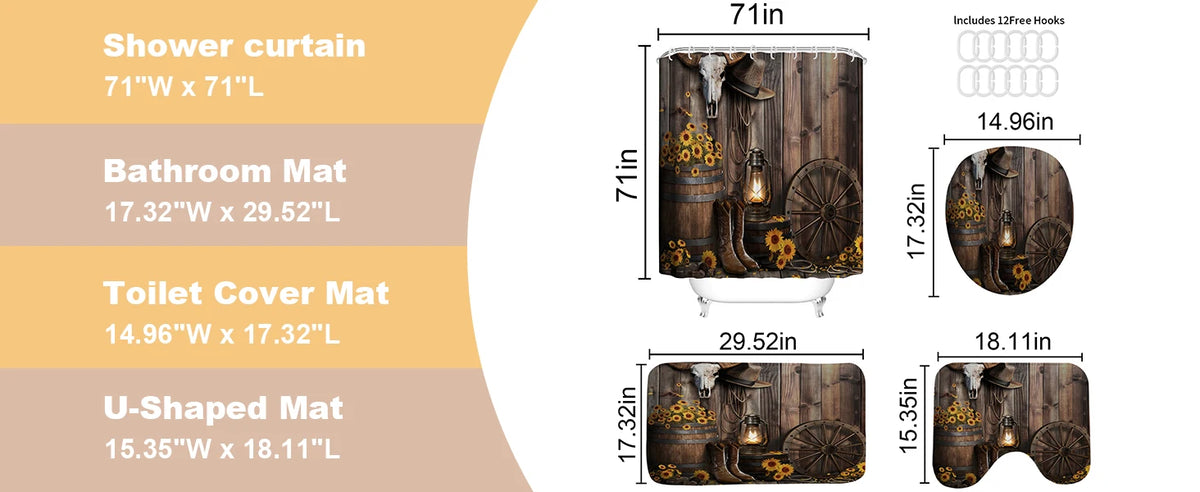 4-Piece Brown Cowboy Rustic Western Farmhouse Shower Curtain Set Non-Slip Rugs Washable Polyester Fabric Sunflower Barn