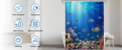 4-Piece Sunlight Sea Fish Ocean Theme Bathroom Set with Rugs Shower Curtain 12 Hooks-Machine-Washable Blackout Polyester
