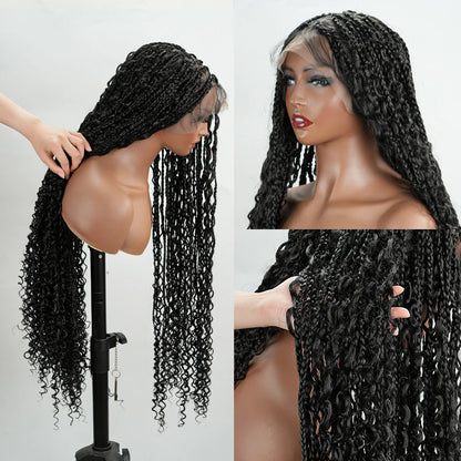 Natural Black Full Lace Bohemian Synthetic Wig with Triangle Knotless Braided Black Women's Natural Wave Boho Braid Wigs