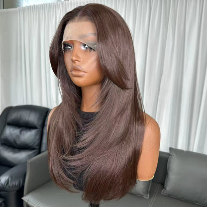 Long Natural Wavy Layered Wigs Brown Color Futura Fiber Hair 13X4 Synthetic Lace Front Wigs for Black Women