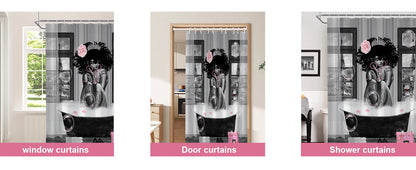 KOKGYM 4-Piece African American Shower Curtain Set Rugs 12 Hooks Paris Eiffel Tower Art Pattern Waterproof Polyester Casual