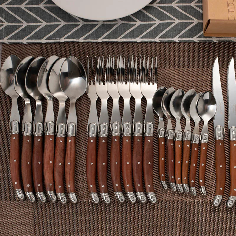 24pcs Laguiole Cutlery set Luxury Rose Wood Handle Dinnerware Stainless steel Tableware 6 Steak Knife 6 Fork 6 Spoon 6 Teaspoon