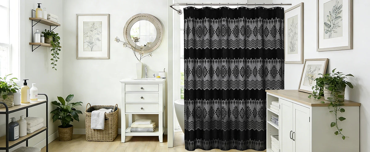 White Boho Farmhouse Modern Shower Curtain Set Waterproof Polyester Neutral Textured 72Wx72L Inches 12 Plastic Hooks