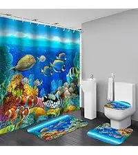 4-Piece Sunlight Sea Fish Ocean Theme Bathroom Set with Rugs Shower Curtain 12 Hooks-Machine-Washable Blackout Polyester