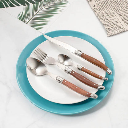 24pcs Laguiole Cutlery set Luxury Rose Wood Handle Dinnerware Stainless steel Tableware 6 Steak Knife 6 Fork 6 Spoon 6 Teaspoon