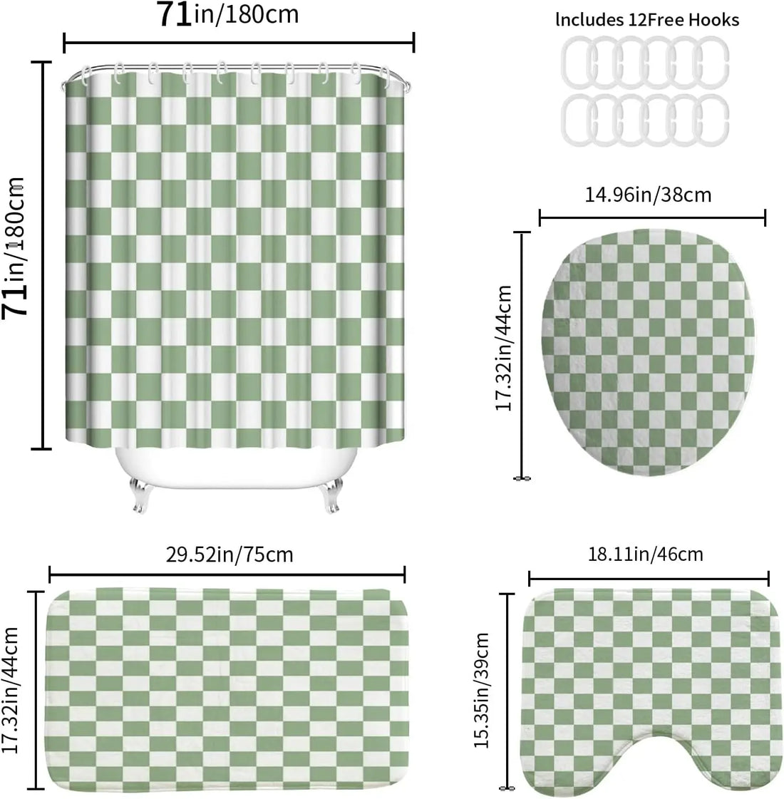 4-Piece Checkered Gingham Retro Shower Curtain Set Non-Slip Bath Rug U-Shaped Mat 12 Hooks Waterproof Fabric Green