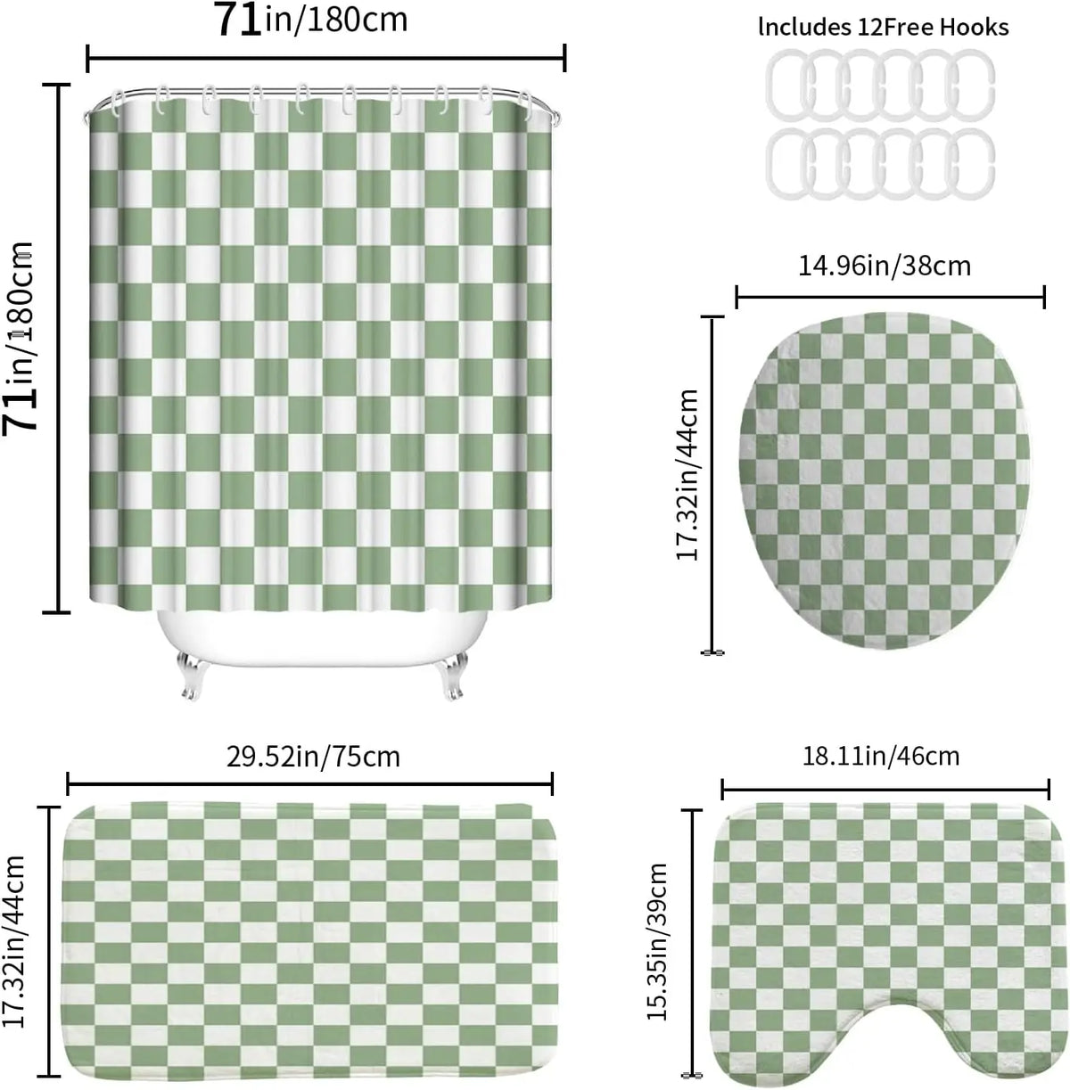 4-Piece Checkered Gingham Retro Shower Curtain Set Non-Slip Bath Rug U-Shaped Mat 12 Hooks Waterproof Fabric Green
