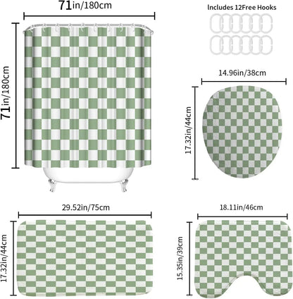 4-Piece Checkered Gingham Retro Shower Curtain Set Non-Slip Bath Rug U-Shaped Mat 12 Hooks Waterproof Fabric Green
