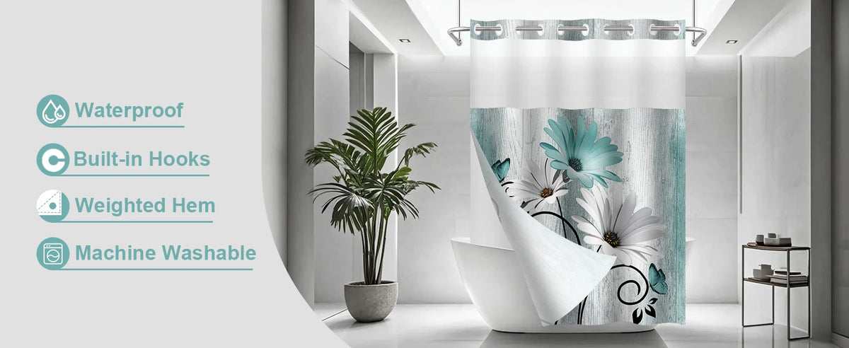 Hookless Shower Curtain Liner Set Teal Semi-Sheer Waterproof Washable 72x75 Inch Bathroom Decor