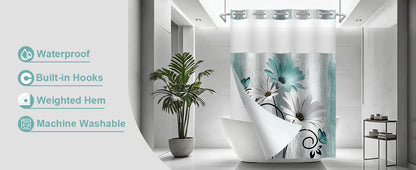 Hookless Shower Curtain Liner Set Teal Semi-Sheer Waterproof Washable 72x75 Inch Bathroom Decor