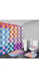 4-Piece Checkered Gingham Retro Waterproof Shower Curtain Set Non-Slip Bath Rug 12 Hooks Soft Fabric for Bathroom Use
