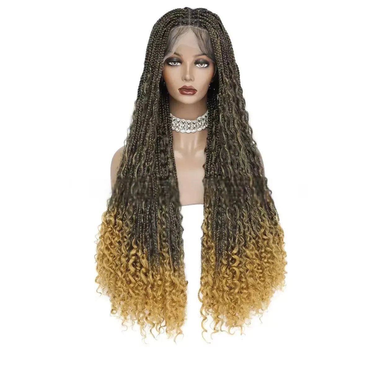 Natural Black Full Lace Bohemian Synthetic Wig with Triangle Knotless Braided Black Women's Natural Wave Boho Braid Wigs