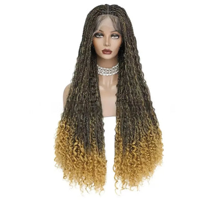 Natural Black Full Lace Bohemian Synthetic Wig with Triangle Knotless Braided Black Women's Natural Wave Boho Braid Wigs