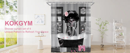 KOKGYM 4-Piece African American Shower Curtain Set Rugs 12 Hooks Paris Eiffel Tower Art Pattern Waterproof Polyester Casual