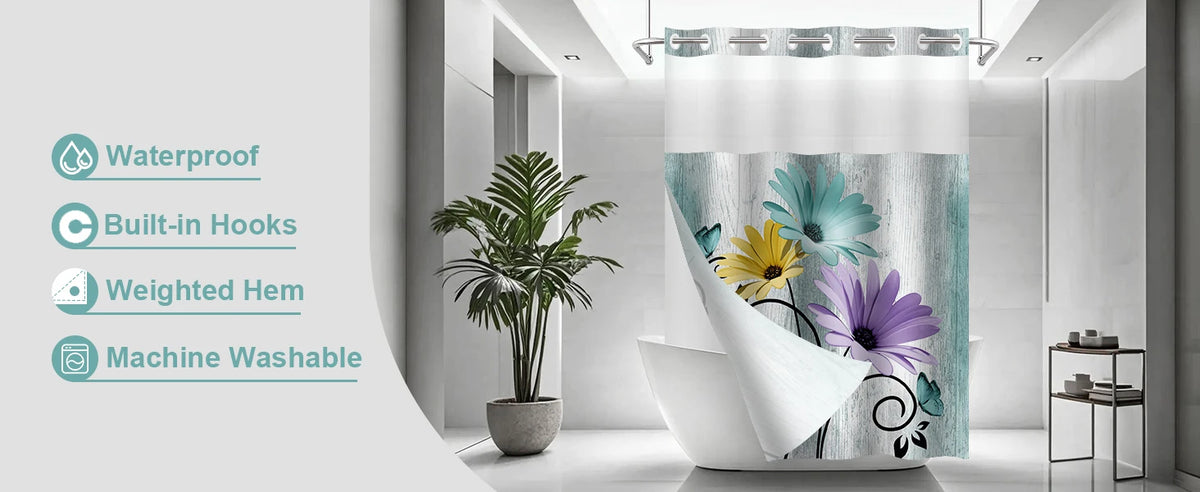Hookless Shower Curtain Liner Set Teal Semi-Sheer Waterproof Washable 72x75 Inch Bathroom Decor