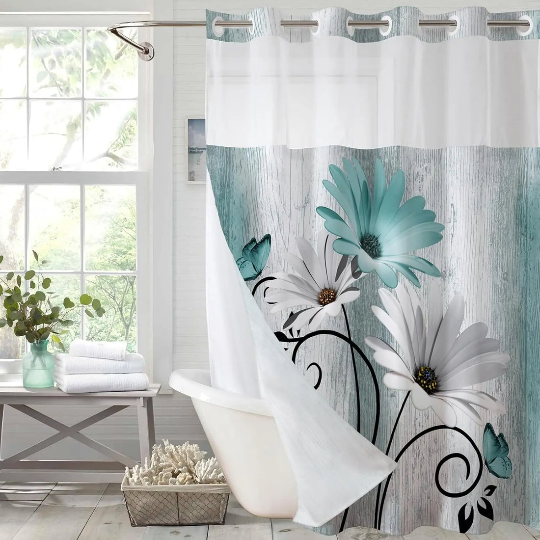 Hookless Shower Curtain Liner Set Teal Semi-Sheer Waterproof Washable 72x75 Inch Bathroom Decor