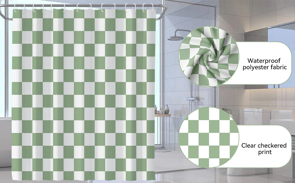 4-Piece Checkered Gingham Retro Shower Curtain Set Non-Slip Bath Rug U-Shaped Mat 12 Hooks Waterproof Fabric Green