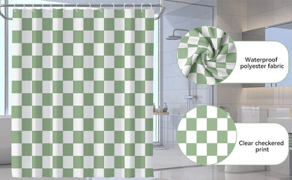4-Piece Checkered Gingham Retro Shower Curtain Set Non-Slip Bath Rug U-Shaped Mat 12 Hooks Waterproof Fabric Green