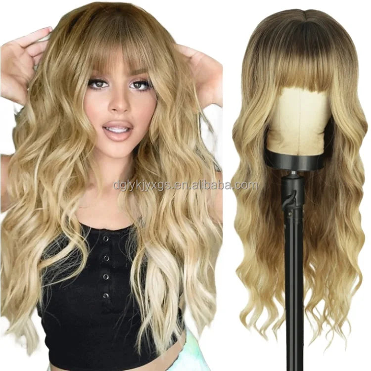 26" Brown Blonde Wavy Synthetic Wig with Bangs