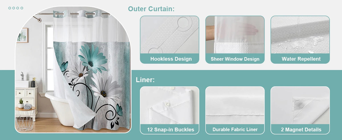Hookless Shower Curtain Liner Set Teal Semi-Sheer Waterproof Washable 72x75 Inch Bathroom Decor