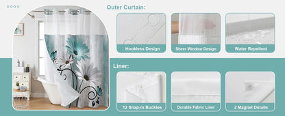 Hookless Shower Curtain Liner Set Teal Semi-Sheer Waterproof Washable 72x75 Inch Bathroom Decor