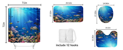4-Piece Sunlight Sea Fish Ocean Theme Bathroom Set with Rugs Shower Curtain 12 Hooks-Machine-Washable Blackout Polyester