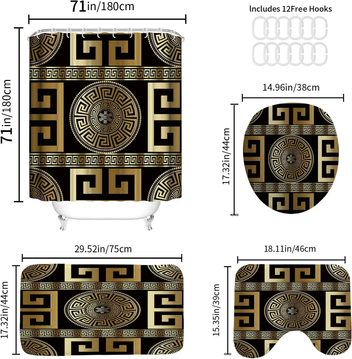 4PCS Black Gold Geometric Print Polyester Fabric Shower Curtain Set Modern Waterproof Soft Fabric Non-Slip Bath Mat 12