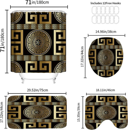 4PCS Black Gold Geometric Print Polyester Fabric Shower Curtain Set Modern Waterproof Soft Fabric Non-Slip Bath Mat 12