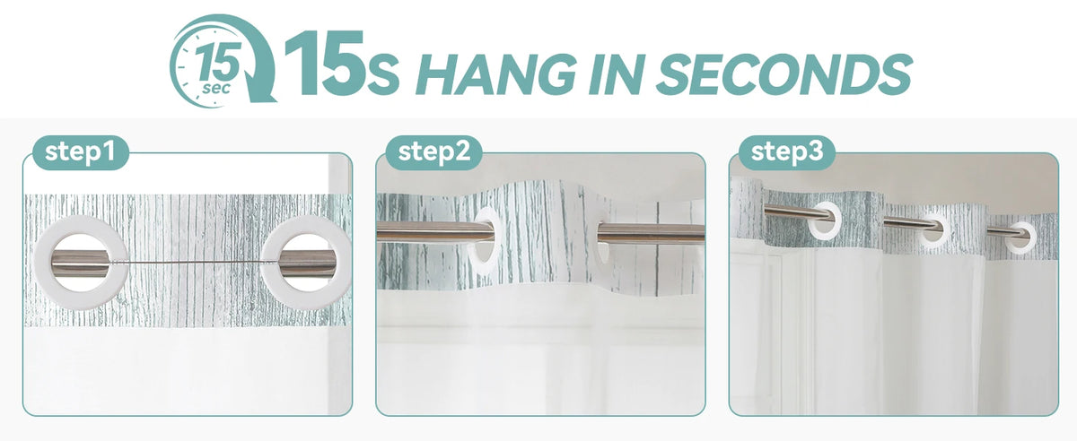 Hookless Shower Curtain Liner Set Teal Semi-Sheer Waterproof Washable 72x75 Inch Bathroom Decor