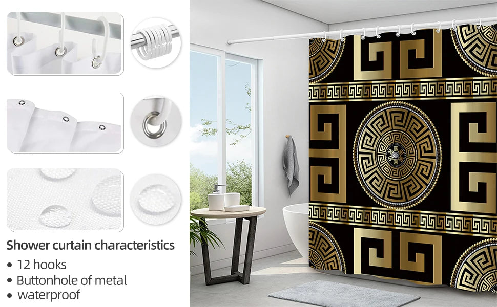 4PCS Black Gold Geometric Print Polyester Fabric Shower Curtain Set Modern Waterproof Soft Fabric Non-Slip Bath Mat 12