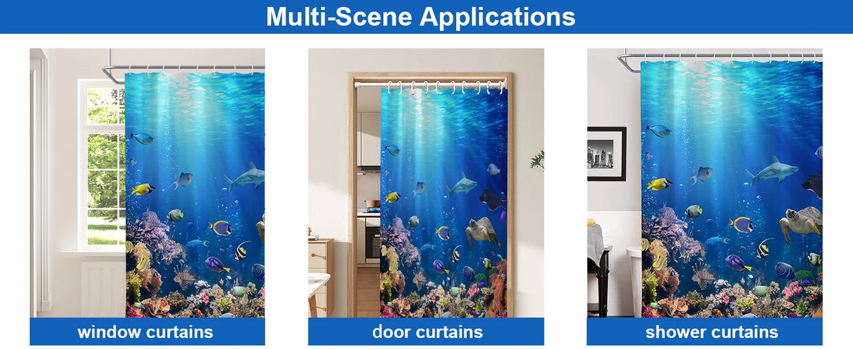 4-Piece Sunlight Sea Fish Ocean Theme Bathroom Set with Rugs Shower Curtain 12 Hooks-Machine-Washable Blackout Polyester