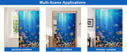 4-Piece Sunlight Sea Fish Ocean Theme Bathroom Set with Rugs Shower Curtain 12 Hooks-Machine-Washable Blackout Polyester