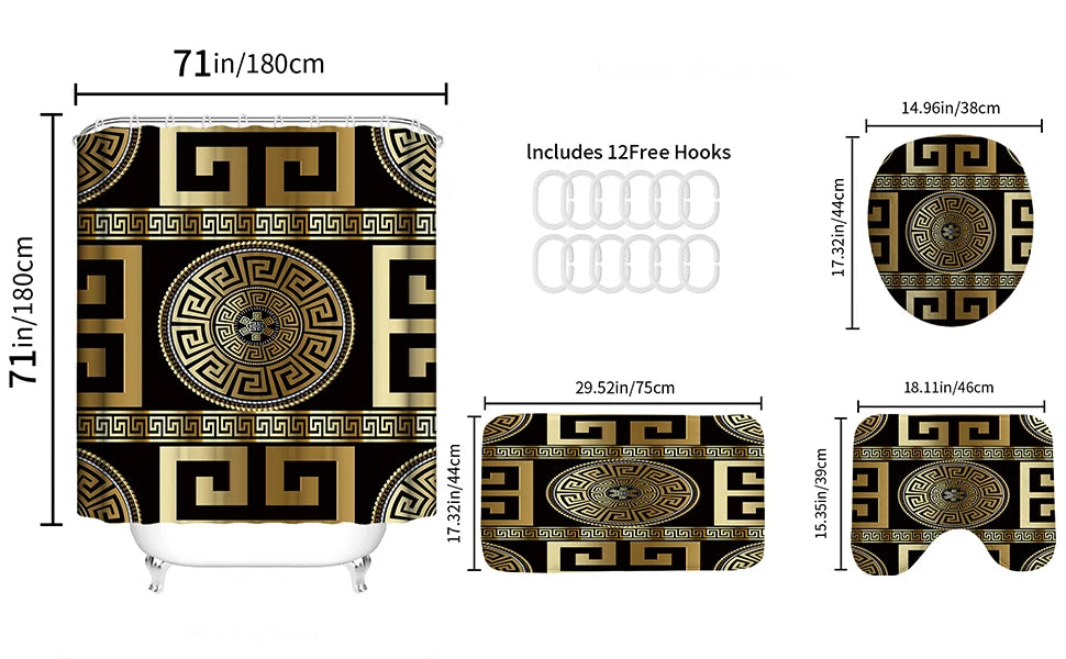 4PCS Black Gold Geometric Print Polyester Fabric Shower Curtain Set Modern Waterproof Soft Fabric Non-Slip Bath Mat 12