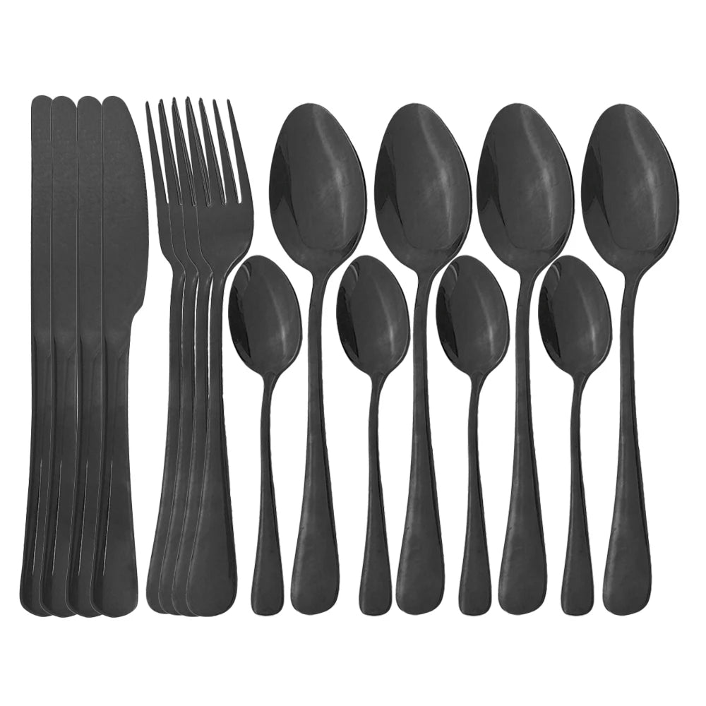 Blue Dinnerware Stainless Steel Tableware Fork Spoon Knife Dinner Set Kitchen Black Cutlery Set Silverware 16Pcs