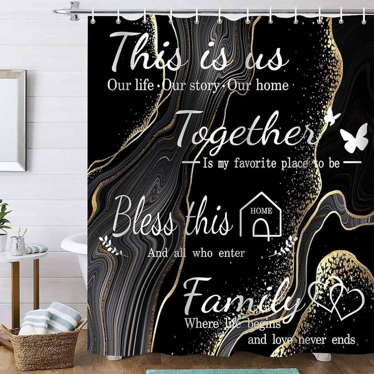 4-Piece Marble Design Polyester Shower Curtain Set Non-Slip Bath Mat Toilet Lid Mat U-Shaped Floor Mat Black Gold 12